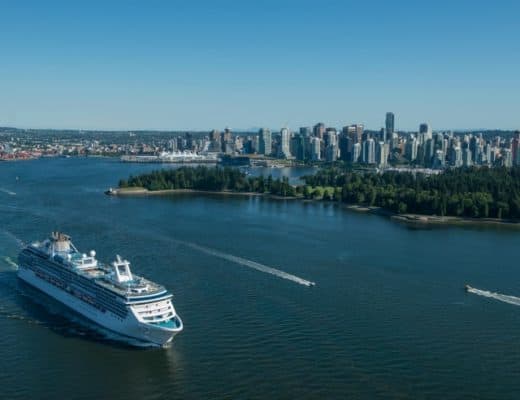 A cruise ship leaving the Port of Vancouver for an Alaskan cruise