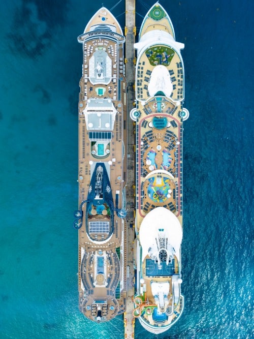 top view of two cruise ships showing amenities