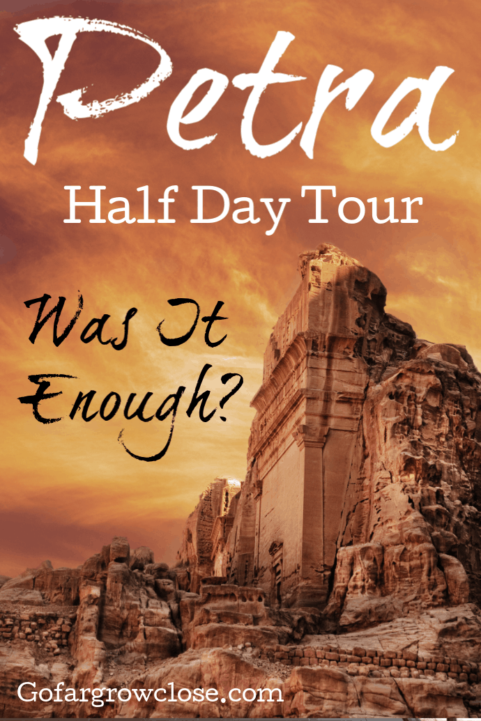 We spent a half day exploring Petra, Jordan, one of the New Seven Wonders of the World. It is an enormous site with countless tombs, temples, and other Roman ruins to explore. Was this enough time? What should you know to make the most of your Petra half day tour. #travel #familytravel #Jordan #Petra| Amphitheatre, Colonnaded Street, half day tour, Museum, Nabataen, New 7 Wonders of the World, Obelisk, Old Village Resort, Petra, Petra by night, Pink City, Royal Tombs, Siq, Street of Facades, Treasury, Wadi Musa, Wadi Rum|